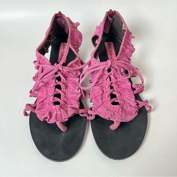 Betsey Johnson Cicii Suede Wedge Pink Ruffle Strappy Leather Sandals Boho Chic 8 - Picture 2 of 9